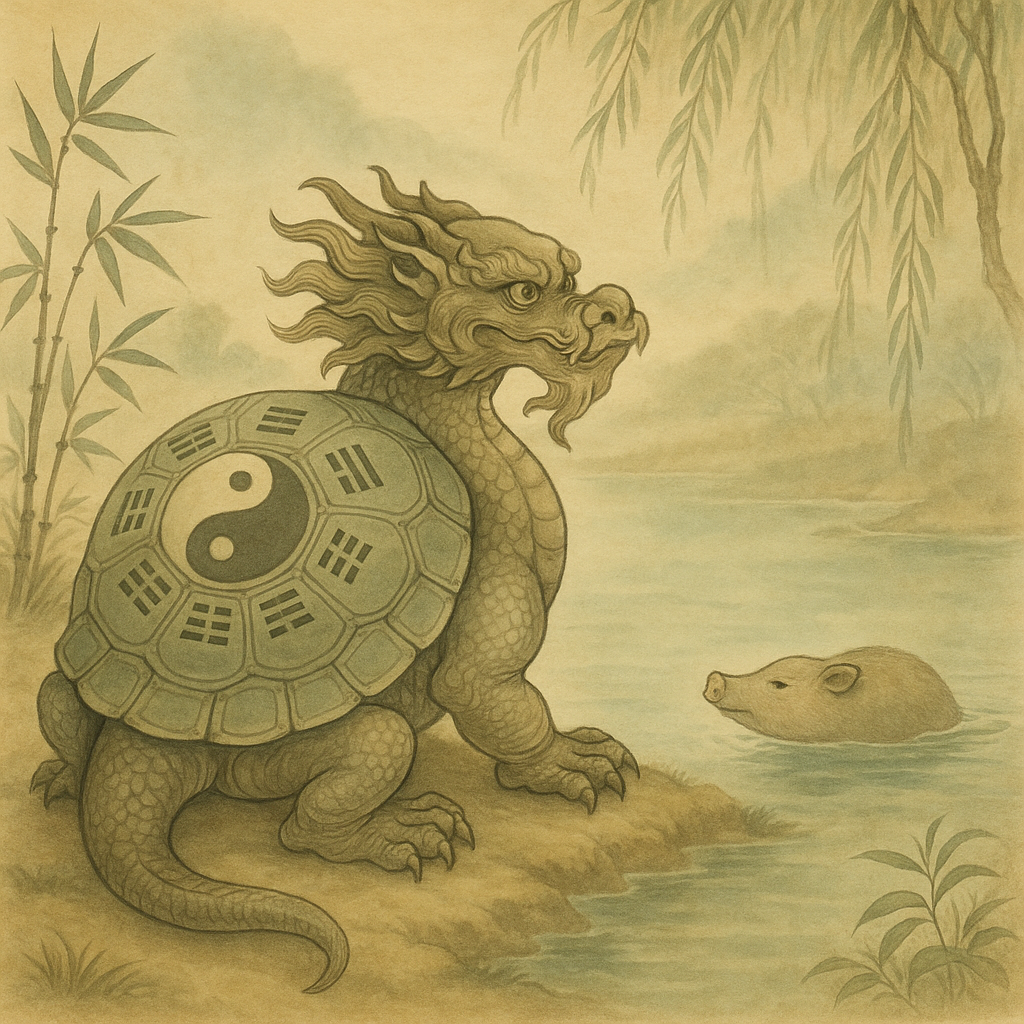 Bixi — dragon-turtle with Bagua shell watching a water pig